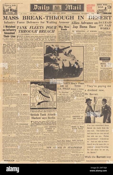 1942 Daily Mail Front Page Reporting Battle Of North Africa Battle Of