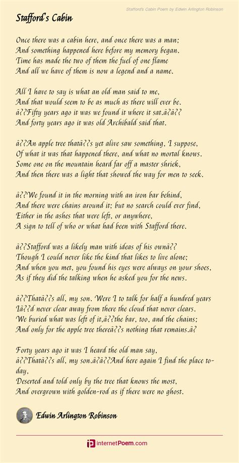 Staffords Cabin Poem By Edwin Arlington Robinson