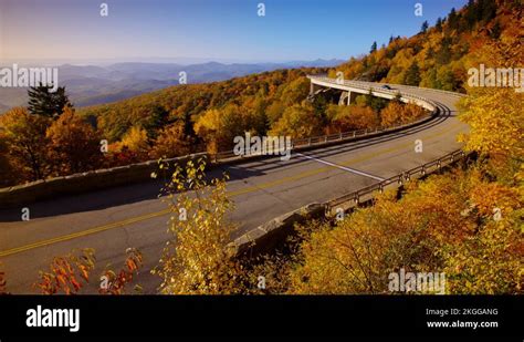 Pan Shot Of A Car On The Iconic Linn Cove Viaduct On The Blue Ridge