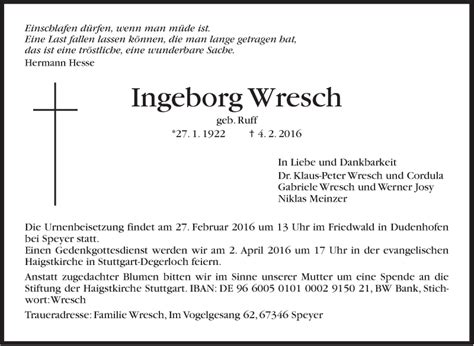 Traueranzeigen Von Ingeborg Wresch Stuttgart Gedenkt De