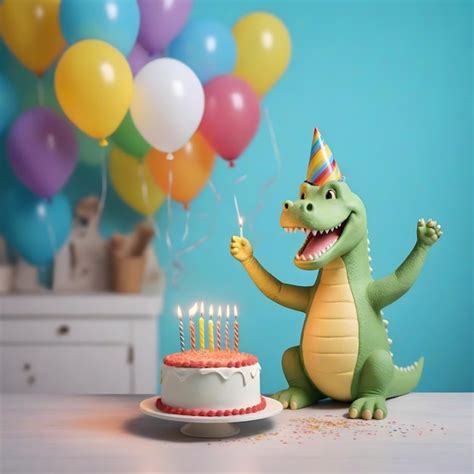 Birthday Dinosaur Celebrating With A Cake Premium AI Generated Image