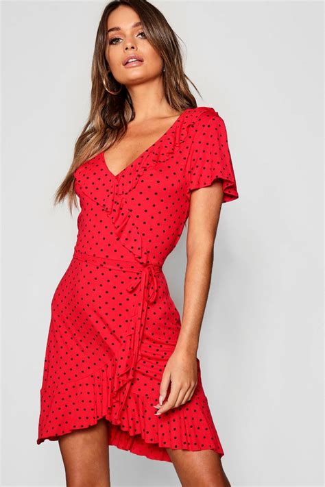 Polka Dot Wrap Front Ruffle Tea Dress Boohoo