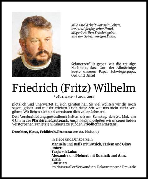 Todesanzeigen Von Friedrich Fritz Wilhelm Todesanzeigen