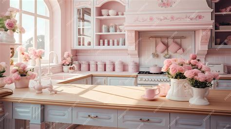 Premium AI Image | light pink and white kitchen with wooden countertops