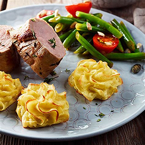 Herzogin Kartoffeln Mit Schweinefilet Und Bohnensalat Aldi Rezeptwelt