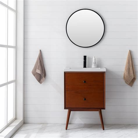 Eviva Caramel 24 Inch Teak Mid Century Bathroom Vanity With Porcelain