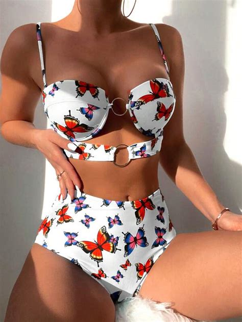 Shein Swim Hotgoth Ba Ador Bikini Push Up Con Estampado De Mariposa