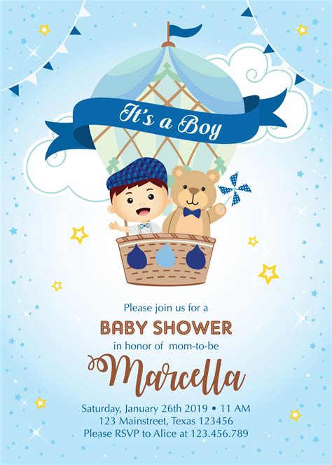 Hot Air Balloon With Boy And Bear Baby Shower Invitation Vector Art At Vecteezy