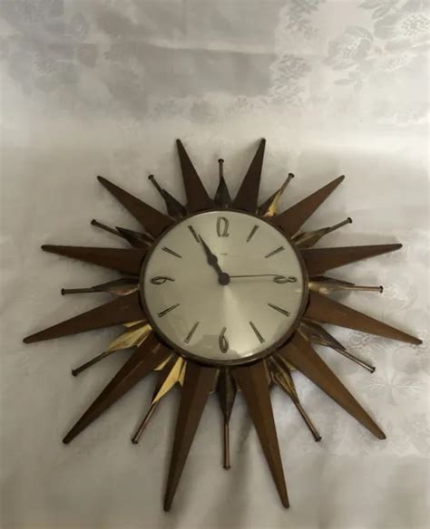 Vintage Metamec Sunburst Quartz Wall Clock Teak Brass Retro Starburst