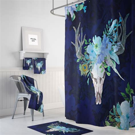 Blue Boho Chic Bull Skull Shower Curtain Optional Bath Mat Bath Towels Bathroom Decor Floral