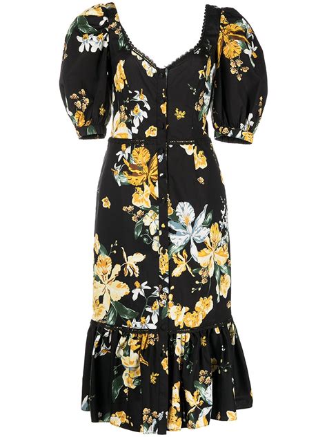 Marchesa Notte Floral Print Puff Sleeve Midi Dress Farfetch