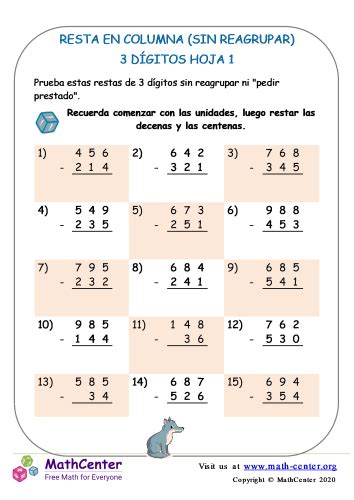 Resta de columnas 3 dígitos sin reagrupar Hoja 1 Hojas de trabajo