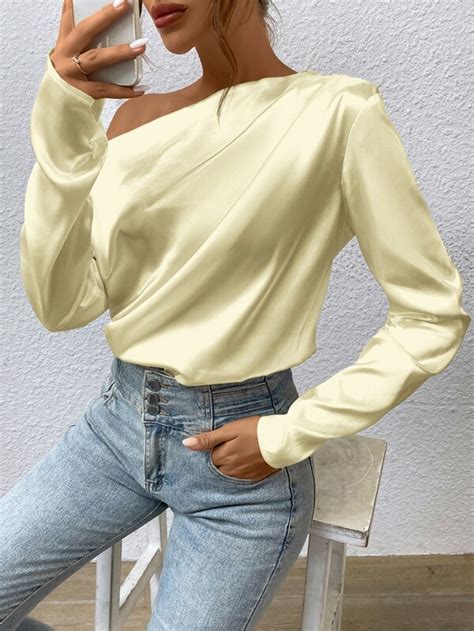 Shein Bae Asymmetrical Neck Ruched Satin Blouse Shein Uk