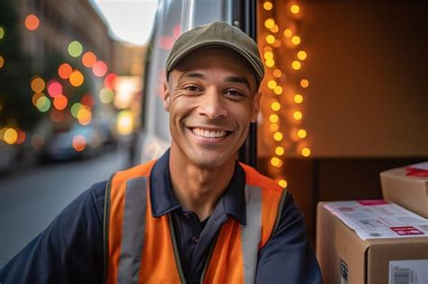 Premium AI Image Smiling Delivery Man Is Holding A Package Outside A