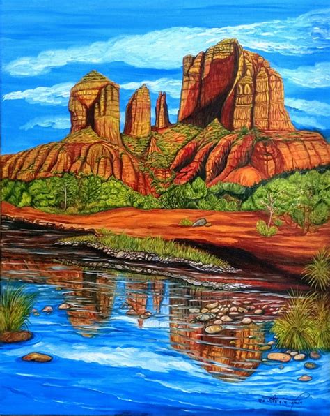 Cathedral Rock Sedona Arizona Oils Art Painting Mountain Art River