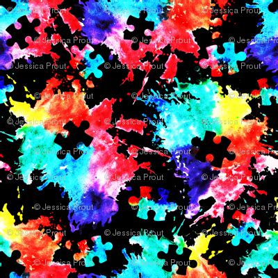 Autism Awareness Watercolor Splatter Fabric W Puzzle Piece Black