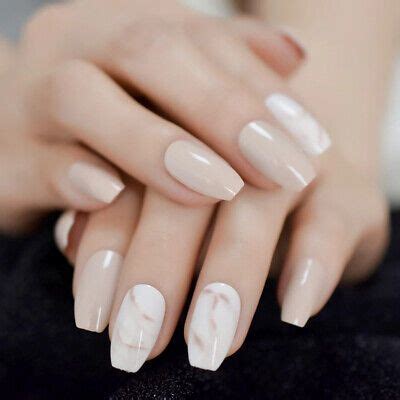 24 Medium Press On Nails Kit W Glue Cream Marble Tan Coffin Nude EBay Gel Nails Acrylic