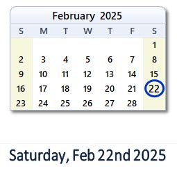 February 22, 2025 Calendar with Holidays & Count Down - USA