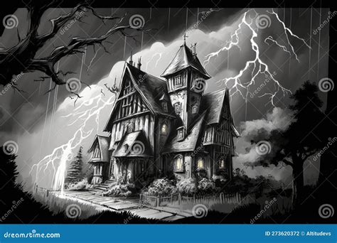 Sketch of Gothic House Surrounded by Dark Storm Clouds and Lightning Stock Photo - Image of ...