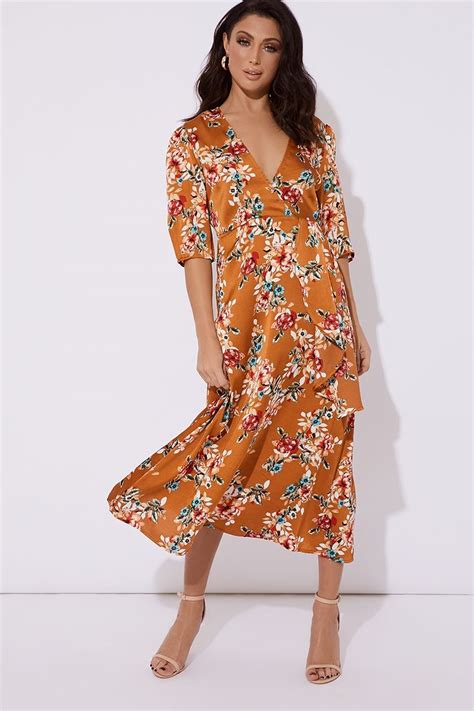 Orange Satin Floral Print Midi Dress Floral Print Midi Dress Midi