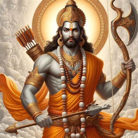 Lord Parshuram One Hand Holding Bow And Another Axe Wearing Orange