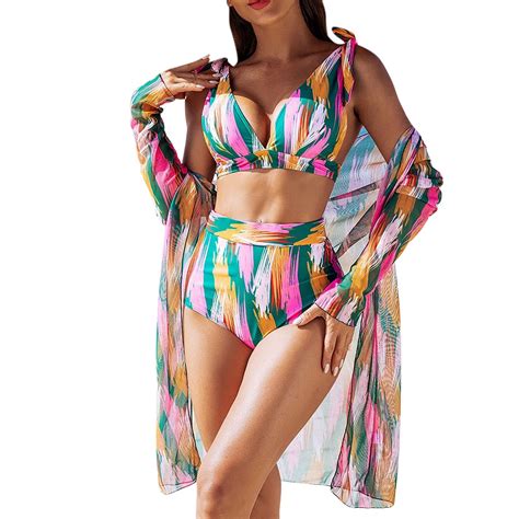 Hwmodou Bikini Sets For Women Piece Piece Sets Foral Print Vintage Long Sleeve Cover Ups Bra