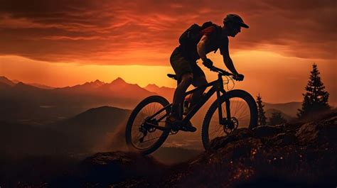 Premium Photo Silhouette Of A Man On Mountain Bike Sunset View