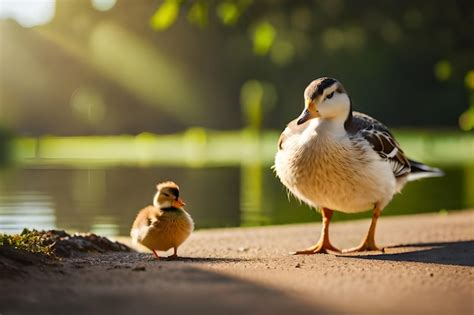 Premium Photo | A duck and her baby duck on a sidewalk