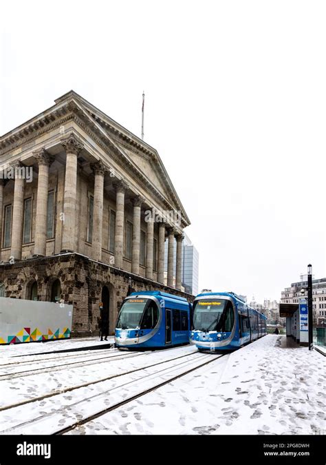 BIRMINGHAM, UK - MARCH 9, 2023. West Midlands Trams at Birmingham Town Hall building during ...