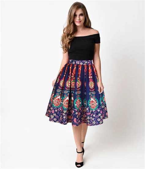 Plus Size Boho Midi Pleated Skate Skirt For Women Short Print Flare