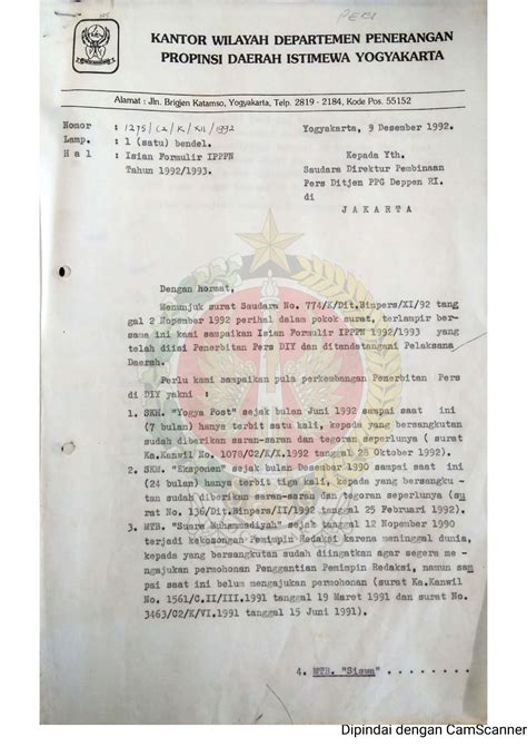 Surat Dari Kepala Kantor Wilayah Departemen Penerangan Daerah Istimewa