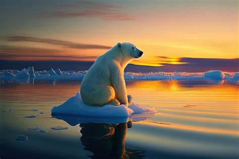 Un oso polar se sienta en un pequeño iceberg en el agua al atardecer