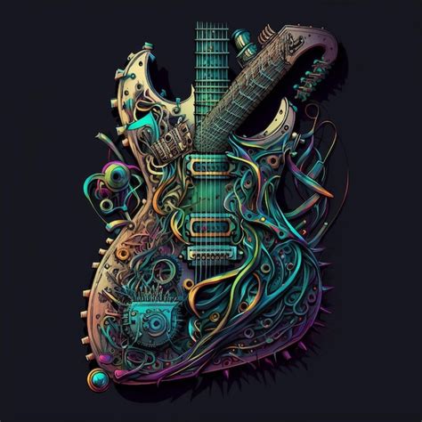 Una Guitarra Colorida Con Un Fondo Negro Y Un Fondo Negro Con Un Reloj