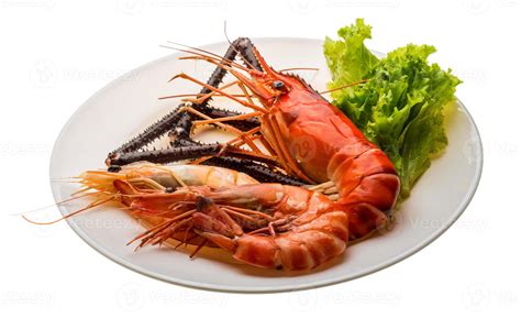 Crevettes G Antes D Eau Douce Et Crevettes Royales Sur L Assiette Et