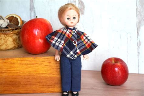 Vintage Vogue Ginny Doll Long Blonde Hair Blue Plaid Poncho Jumpsuit Mary Janes Rooted