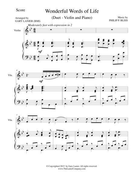 WONDERFUL WORDS OF LIFE Duet Violin And Piano Score And Parts Arr