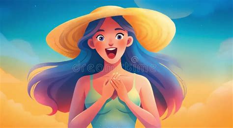 Una Joven De Cabello Largo Y Azul Con Bikini Y Sombrero De Paja Puesto En Una Playa De Arena