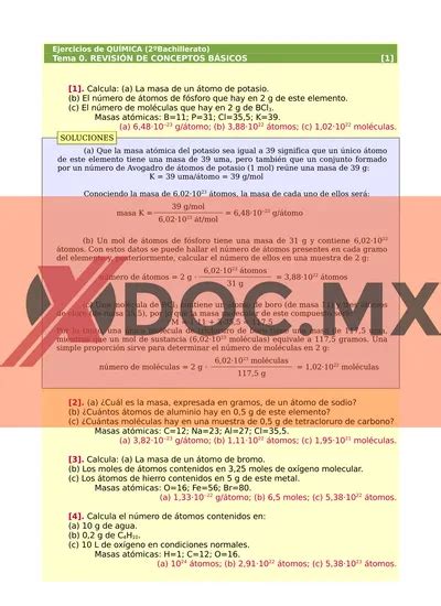 Ejercicios De Qu Mica Bachillerato Tema Revisi N De Conceptos