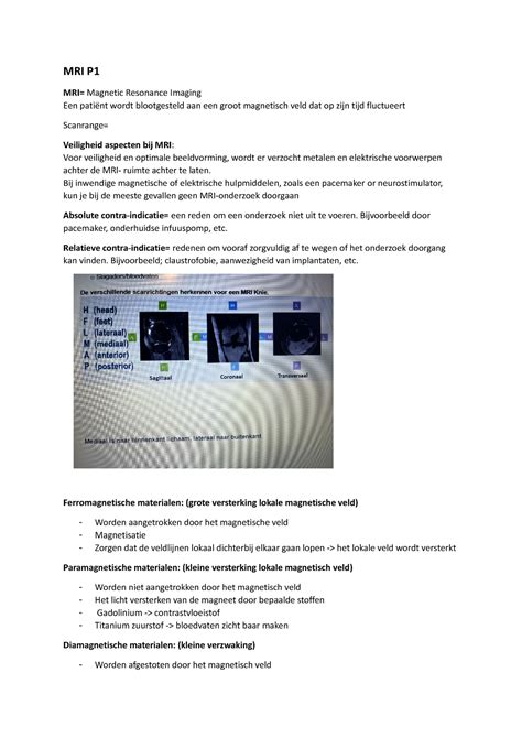 MRI P1 Mri Samenvatting P1 MRI P MRI Magnetic Resonance Imaging