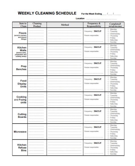 Cleaning Chart Daily Weekly Monthly