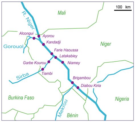 Map of Niger River middle reach and its main tributaries. Location of ...