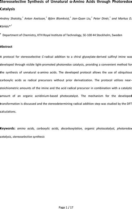 Stereoselective Synthesis Of Unnatural Amino Acids Through Photoredox