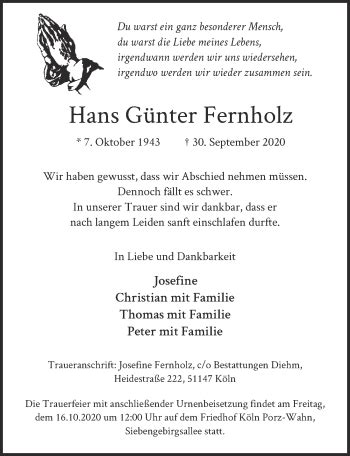 Traueranzeigen Von Hans G Nter Fernholz Wirtrauern