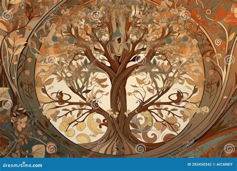 Art Nouveau Tree of Life Pattern with Warm Earth Tones and Flowing ...