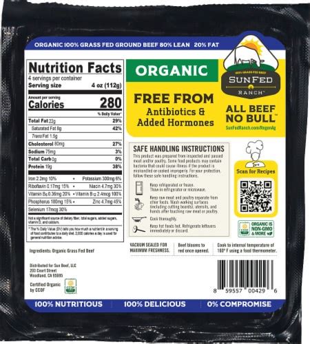 SunFed Ranch 100 Grass Fed 80 Lean Organic Ground Beef Brick 1 Lb