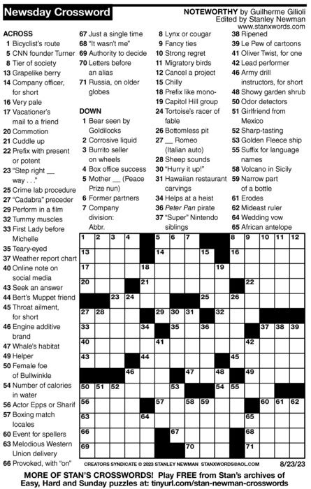 Newsday Crossword Puzzle For Aug By Stanley Newman Creators