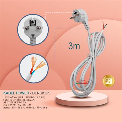 3m Asli Tembaga Kabel Power Bengkok Steker Colokan 2 Kabel Sni Tersedia 3 Ukuran 1 5m 3m Dan 5m