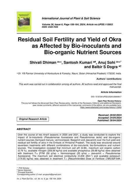 PDF Residual Soil Fertility And Yield Of Okra As Affected By Bio