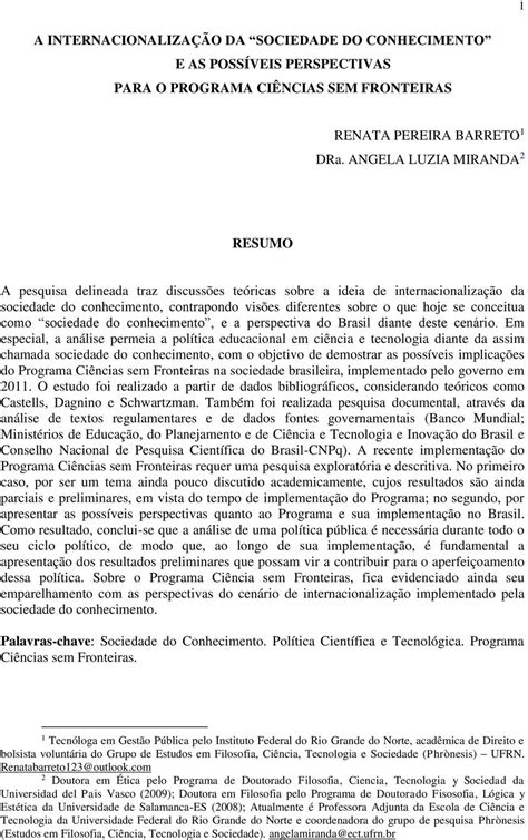 A InternacionalizaÇÃo Da Sociedade Do Conhecimento E As PossÍveis