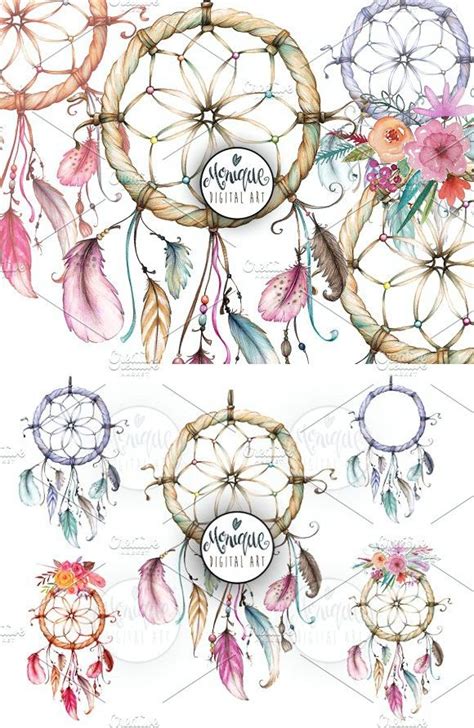 Watercolor Dream Catchers With Flowers And Feathers